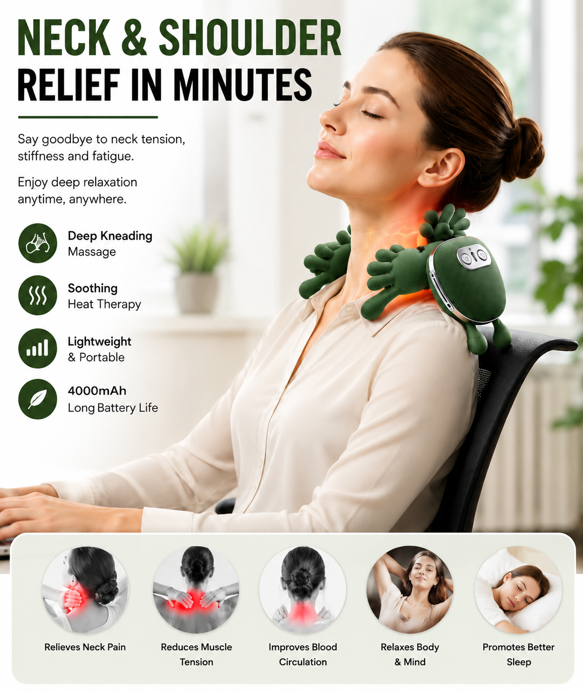 BAGBABA Neck & Shoulder Massager with Heat – Deep Tissue Shiatsu Massage Pillow, 4000mAh Rechargeable Cordless Pain Relief for Home, Office & Travel