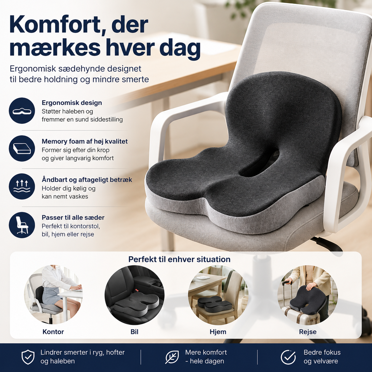 BAGBABA™ Ortopædisk Sædepude – Lindrer Smerter i Haleben & Lænd