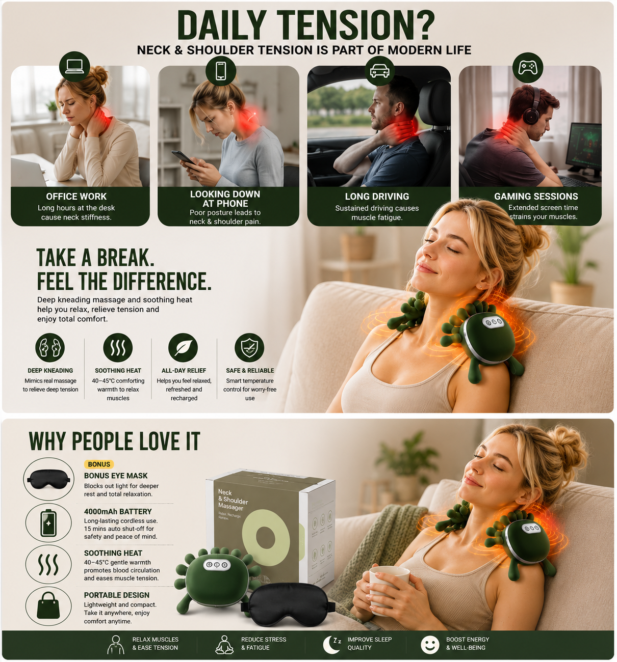 BAGBABA Neck & Shoulder Massager with Heat – Deep Tissue Shiatsu Massage Pillow, 4000mAh Rechargeable Cordless Pain Relief for Home, Office & Travel