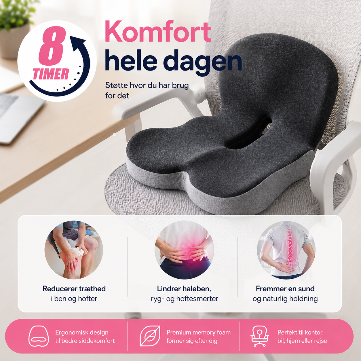 BAGBABA™ Ortopædisk Sædepude – Lindrer Smerter i Haleben & Lænd
