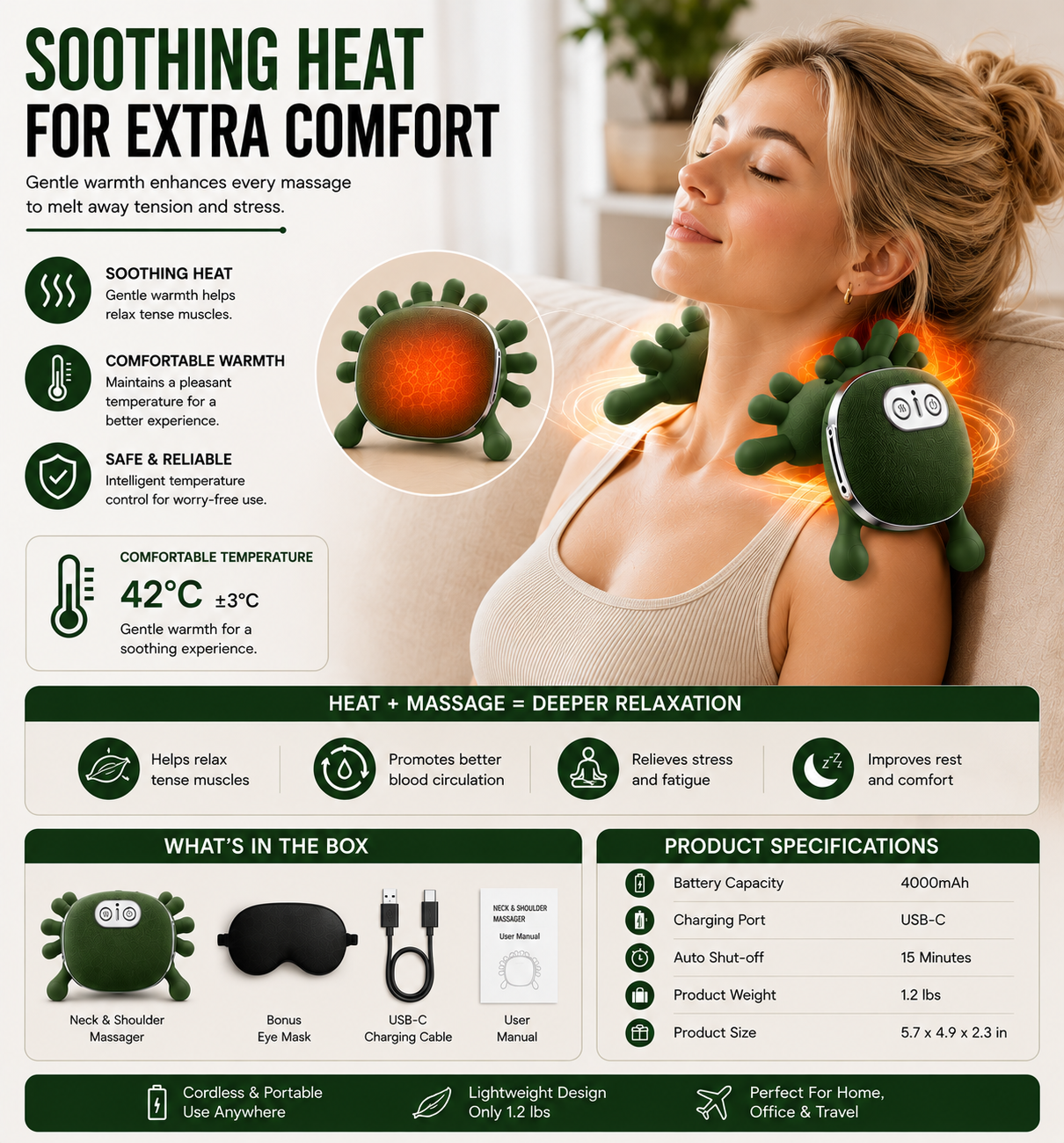 BAGBABA Neck & Shoulder Massager with Heat – Deep Tissue Shiatsu Massage Pillow, 4000mAh Rechargeable Cordless Pain Relief for Home, Office & Travel