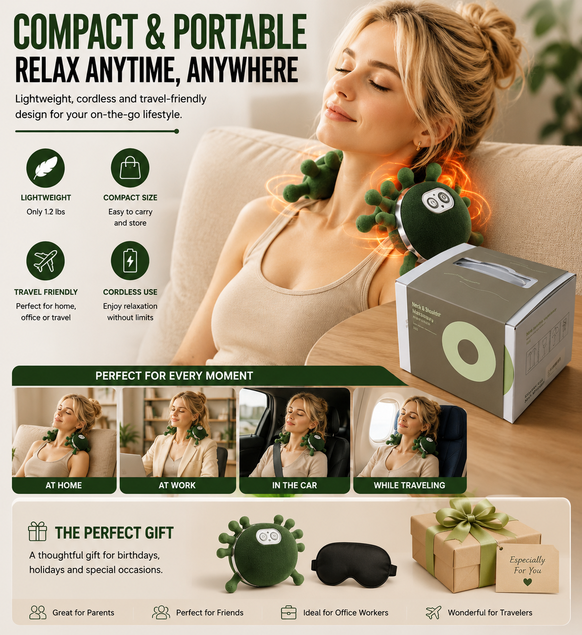 BAGBABA Neck & Shoulder Massager with Heat – Deep Tissue Shiatsu Massage Pillow, 4000mAh Rechargeable Cordless Pain Relief for Home, Office & Travel