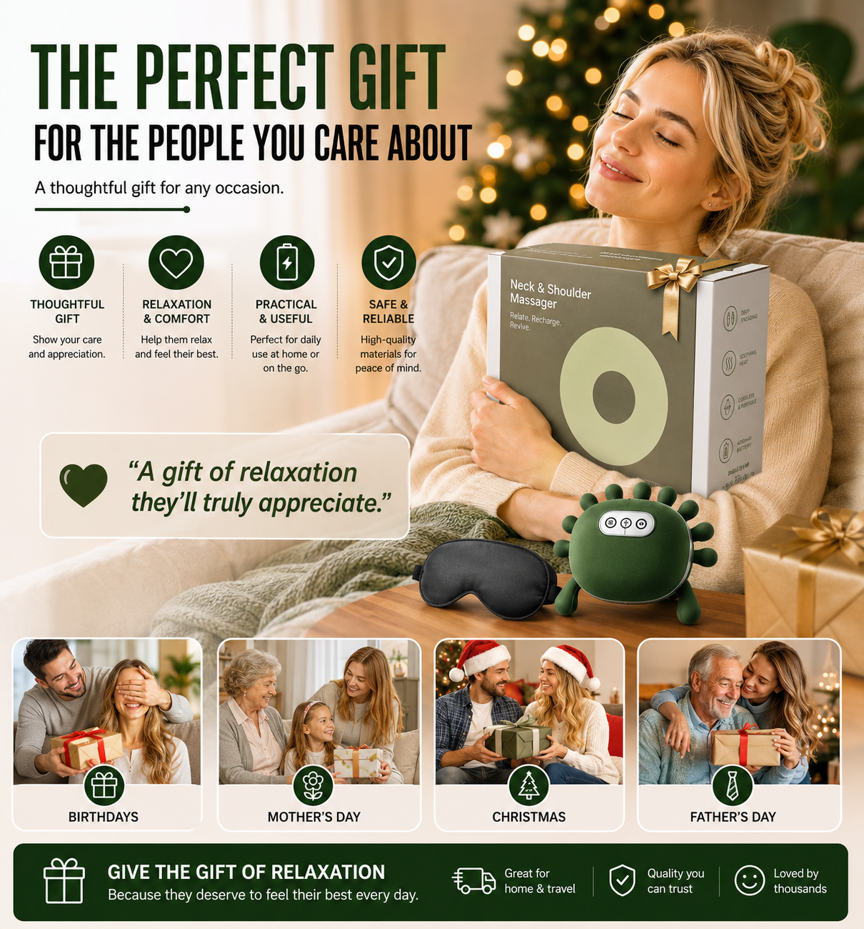 BAGBABA Neck & Shoulder Massager with Heat – Deep Tissue Shiatsu Massage Pillow, 4000mAh Rechargeable Cordless Pain Relief for Home, Office & Travel
